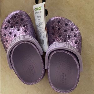 purple glitter crocs